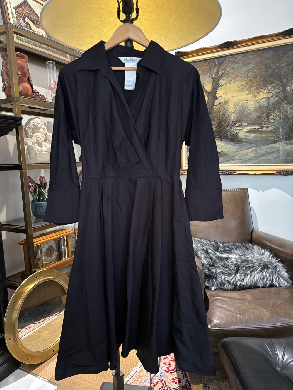 Max Mara Black Cotton Poplin Collared Midi Dress